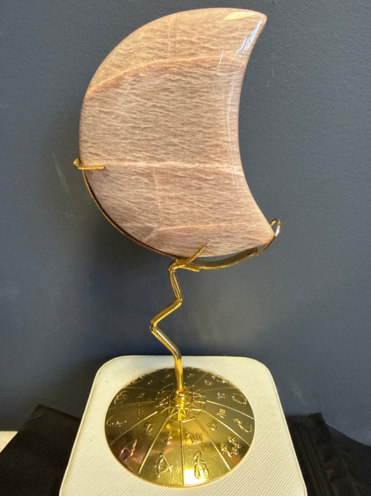 Peach Moonstone Moon with Golden Astrology Stand