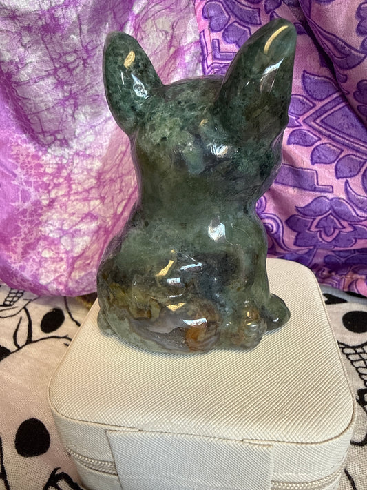 French Bulldog Moss Agate Carving