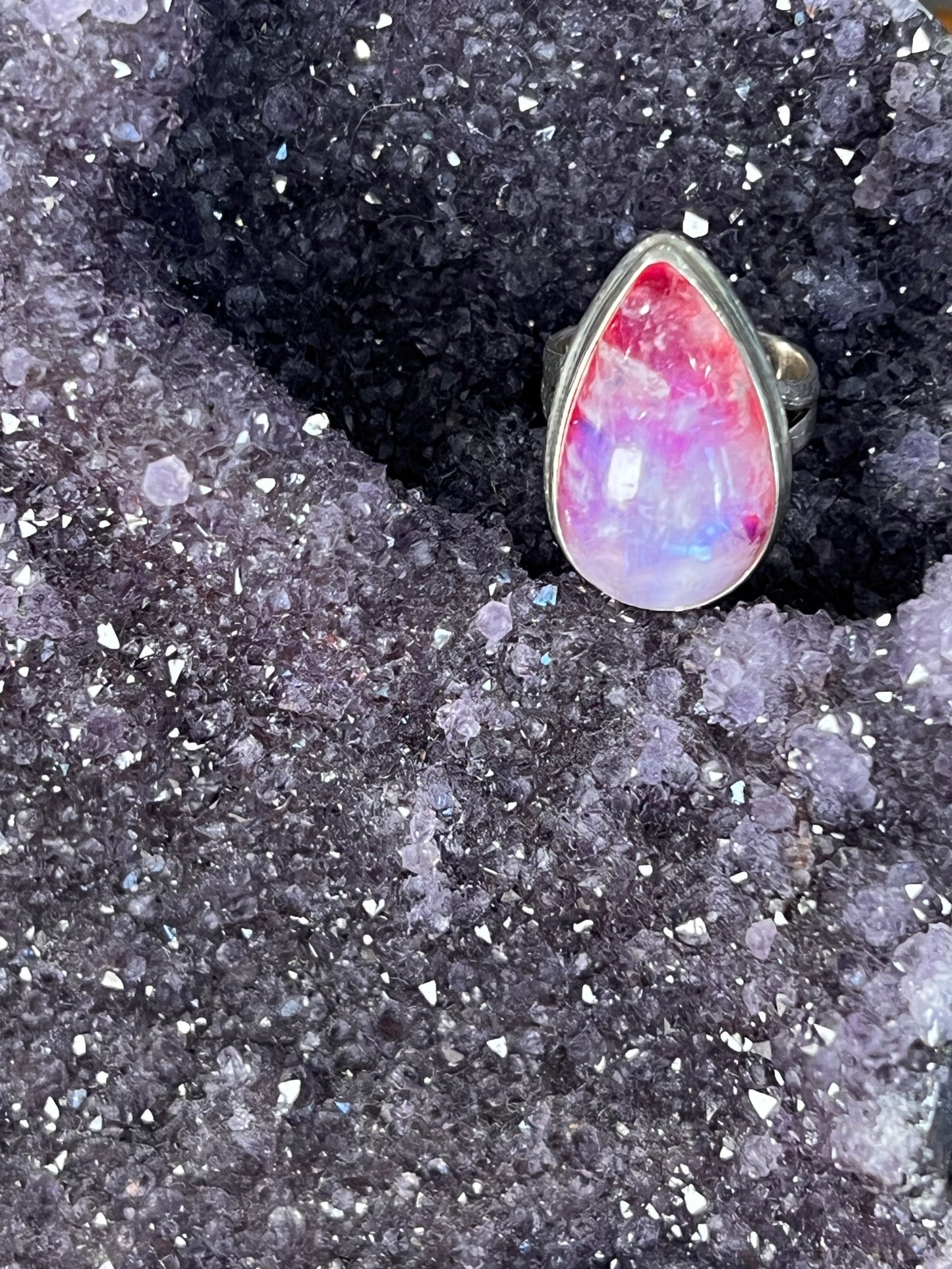 Pink Moonstone 925 Sterling Silver Ring /Boho Style pear cut stone