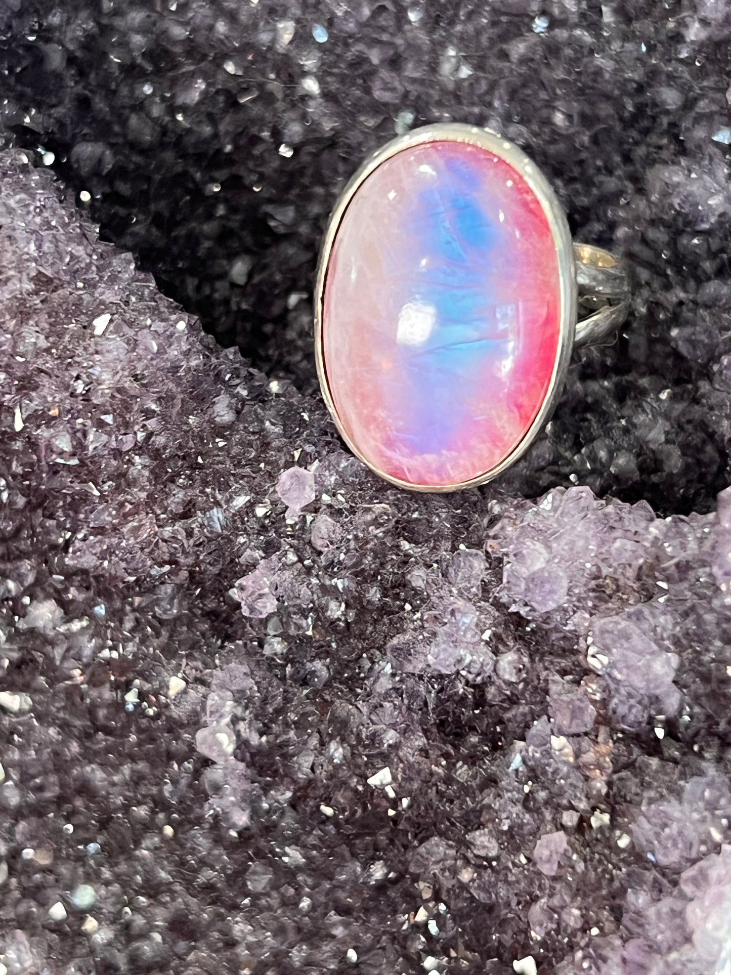 Pink Moonstone 925 Sterling Silver Ring /Boho Style oval cut stone