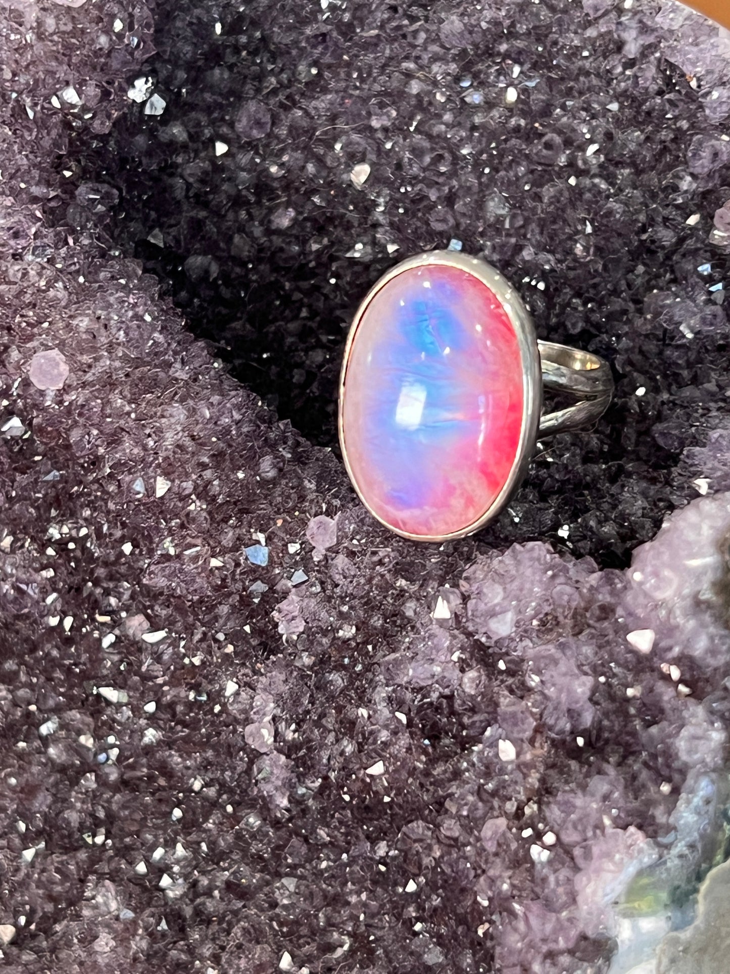 Pink Moonstone 925 Sterling Silver Ring /Boho Style oval cut stone