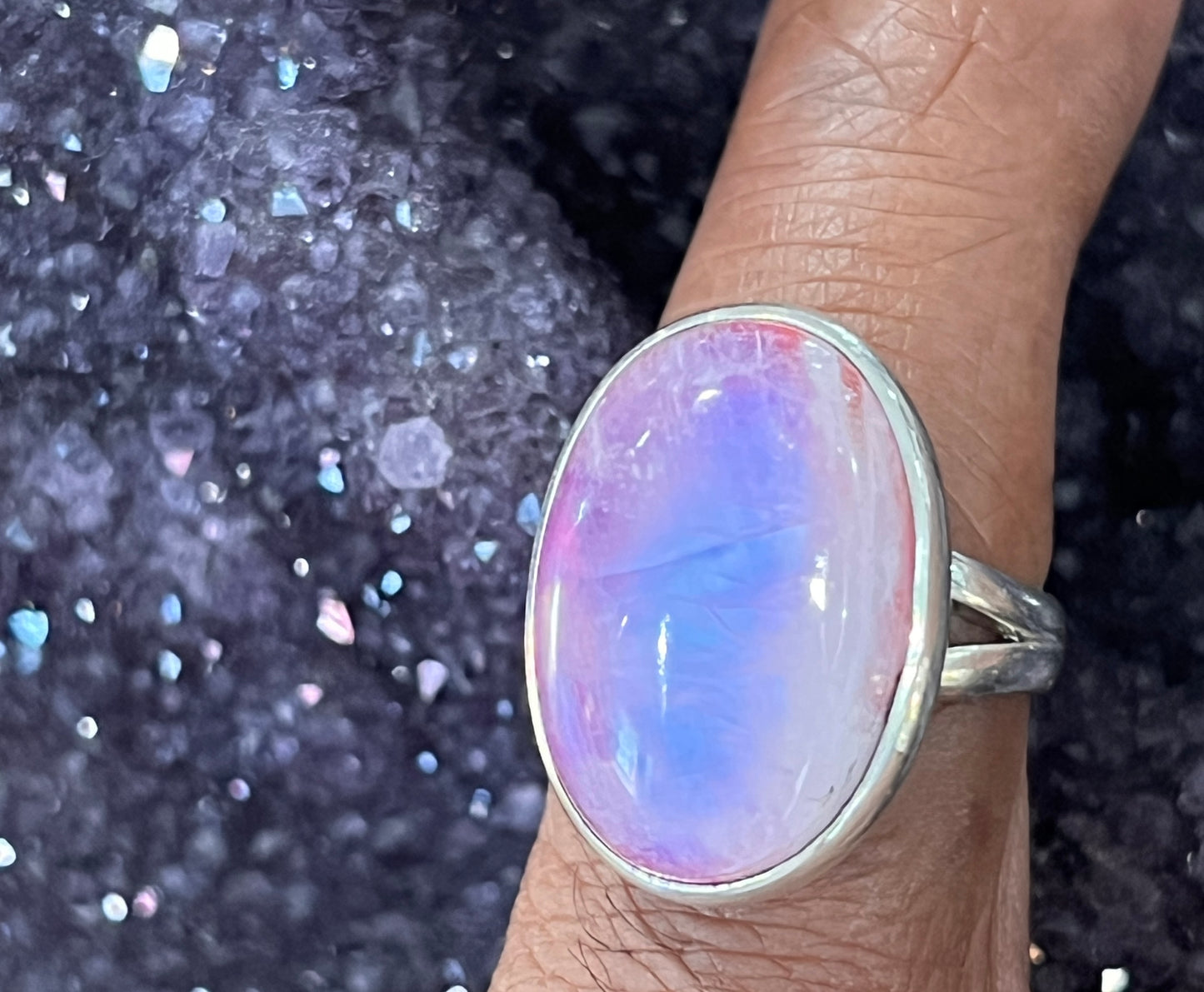 Pink Moonstone 925 Sterling Silver Ring /Boho Style oval cut stone