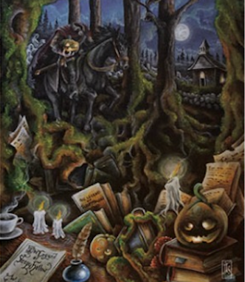 A dark, whimsical Halloween-style painting showing headless horseman riding through a moonlit forest, with candles, books, papers, a small ghost, and a carved pumpkin in the foreground.