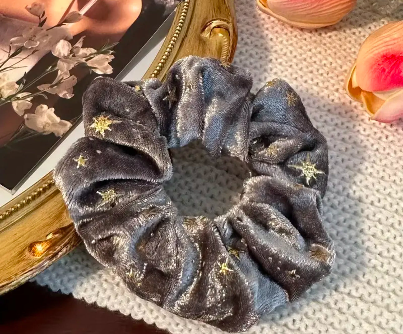 Velvet Silver Star Hair Scrunchie