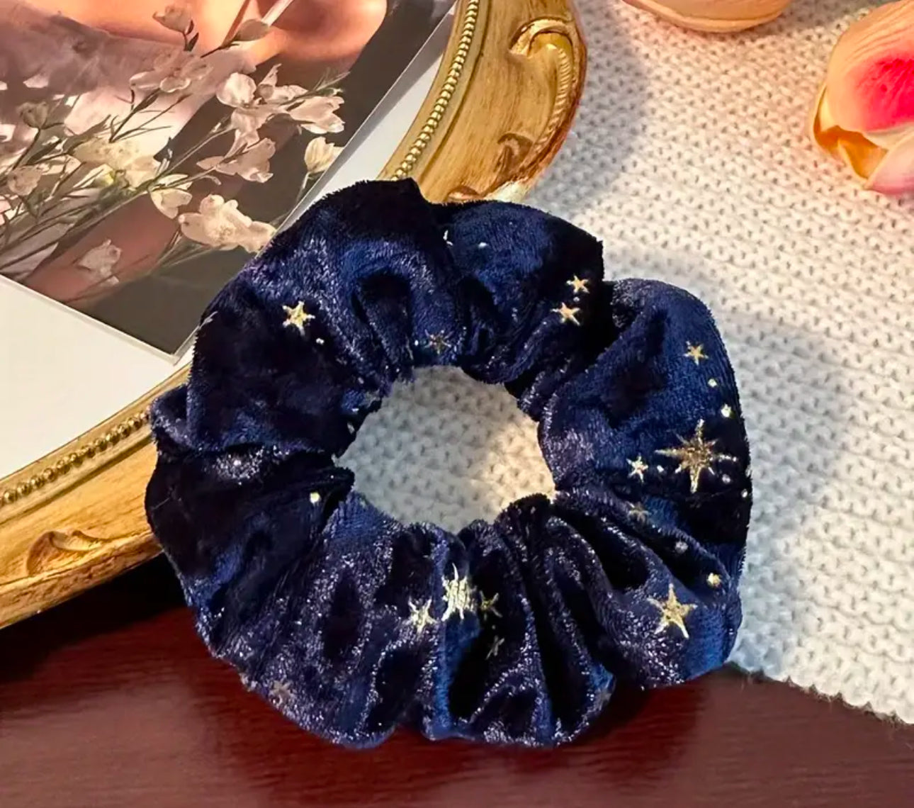 Velvet Silver Star Hair Scrunchie