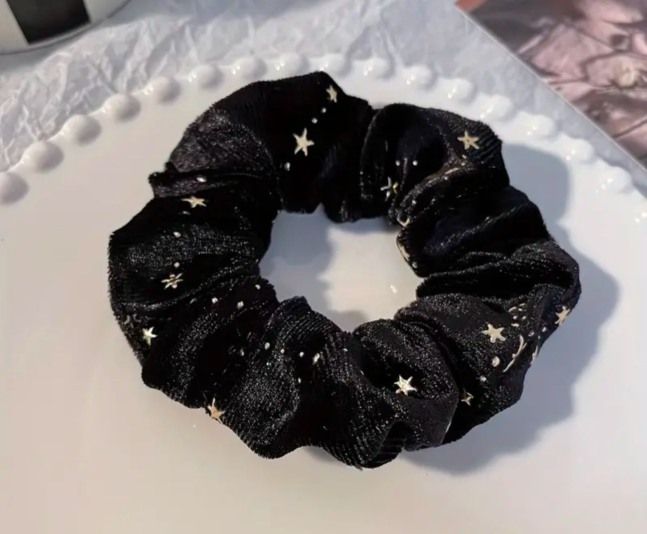 Velvet Silver Star Hair Scrunchie