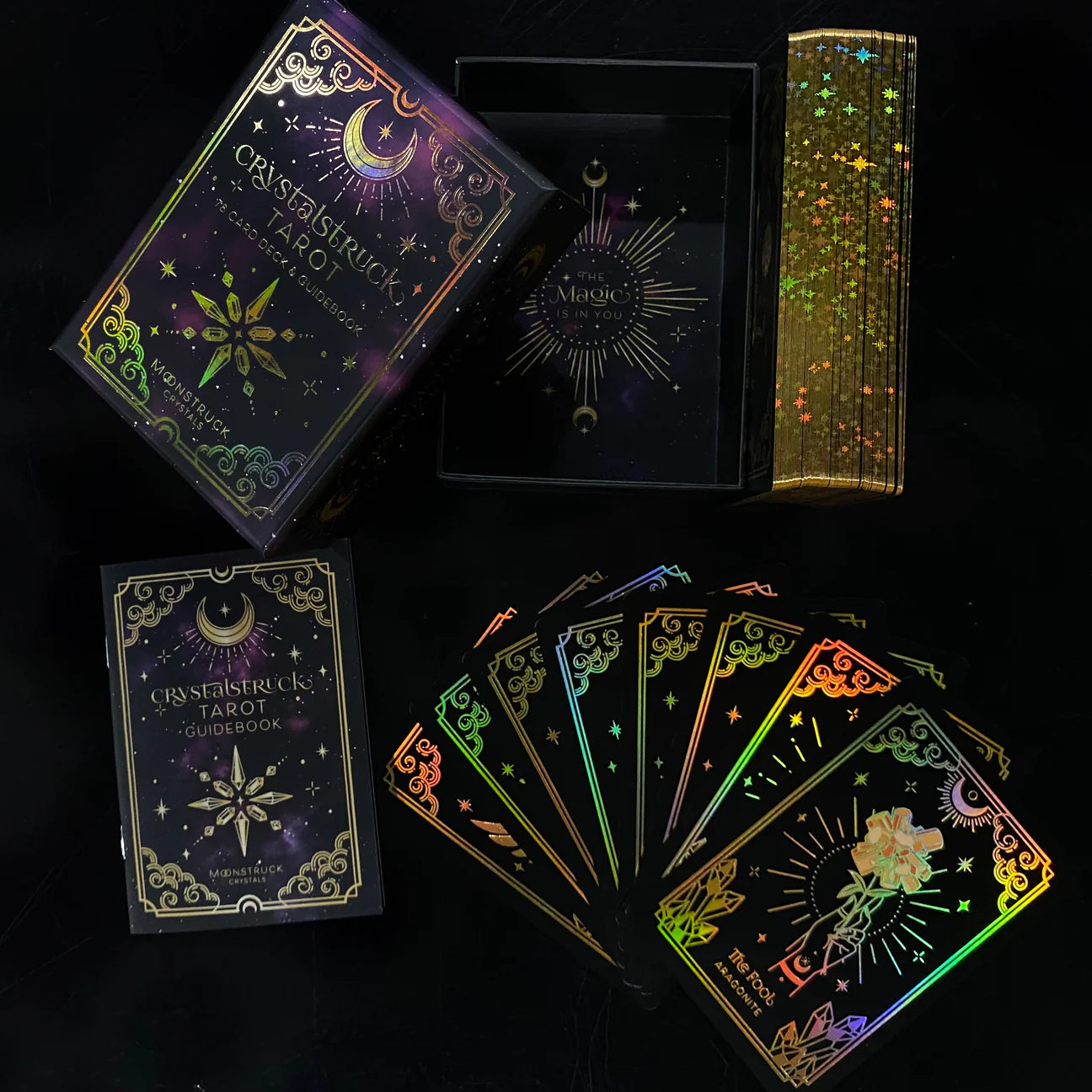 Crystalstruck Tarot Gold  Holographic Limited Edition 78 card deck- By Moonstruck Crystals Art by Kara Pavlik