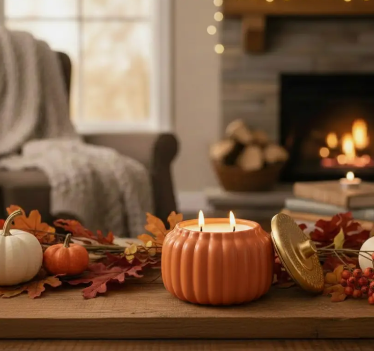 Orange Ceramic Pumpkin Jar Candle | 18 oz Fall Decor | Cinnamon Vanilla Scented