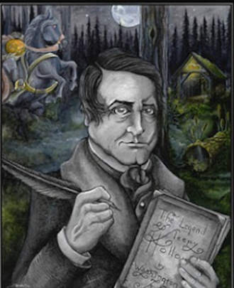 A framed dark fantasy illustration featuring Washington Irving, holding a book, with a horse and a small cabin in a misty forest in the background.