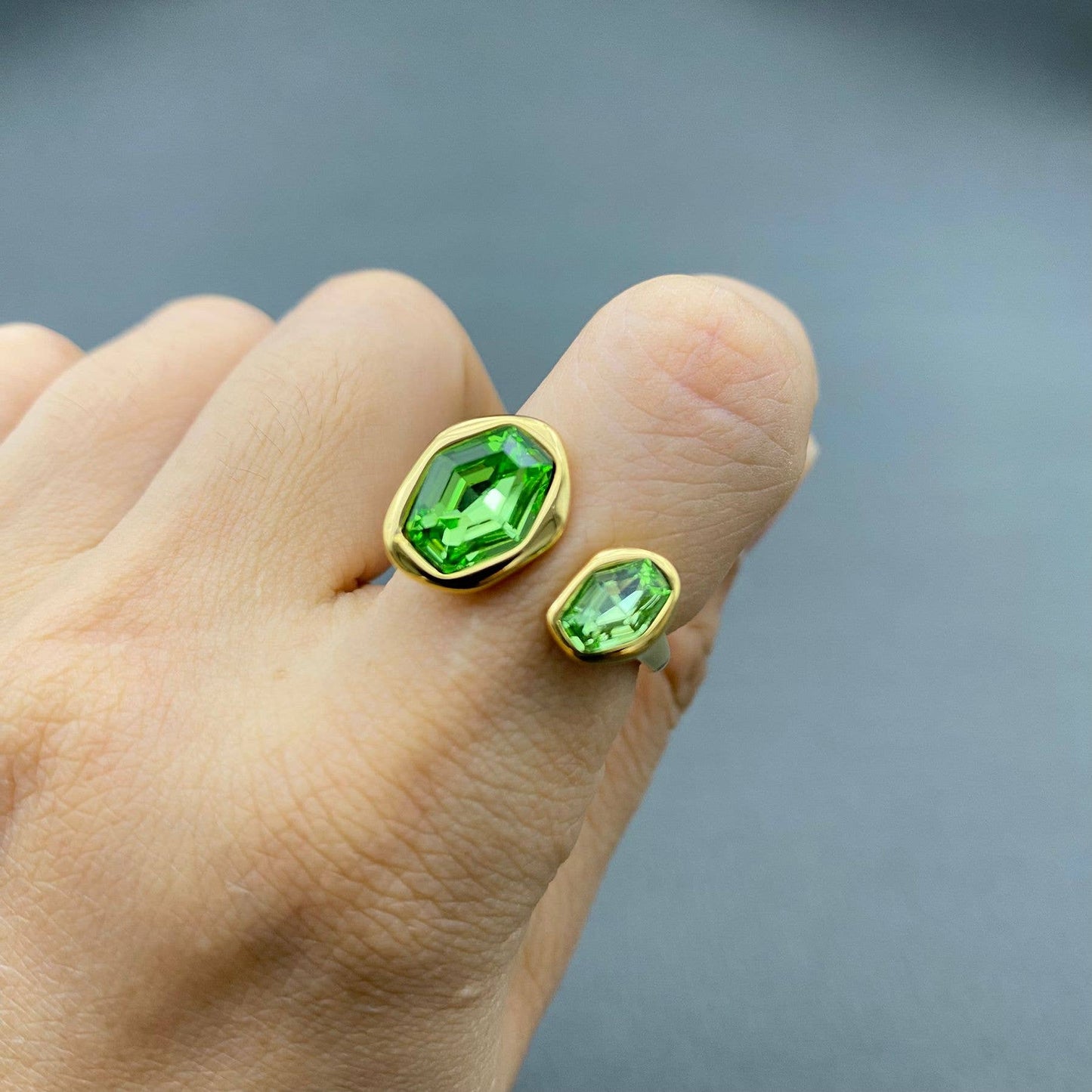 Double Green Zircon 18K Gold Plated Stainless Stee Ring