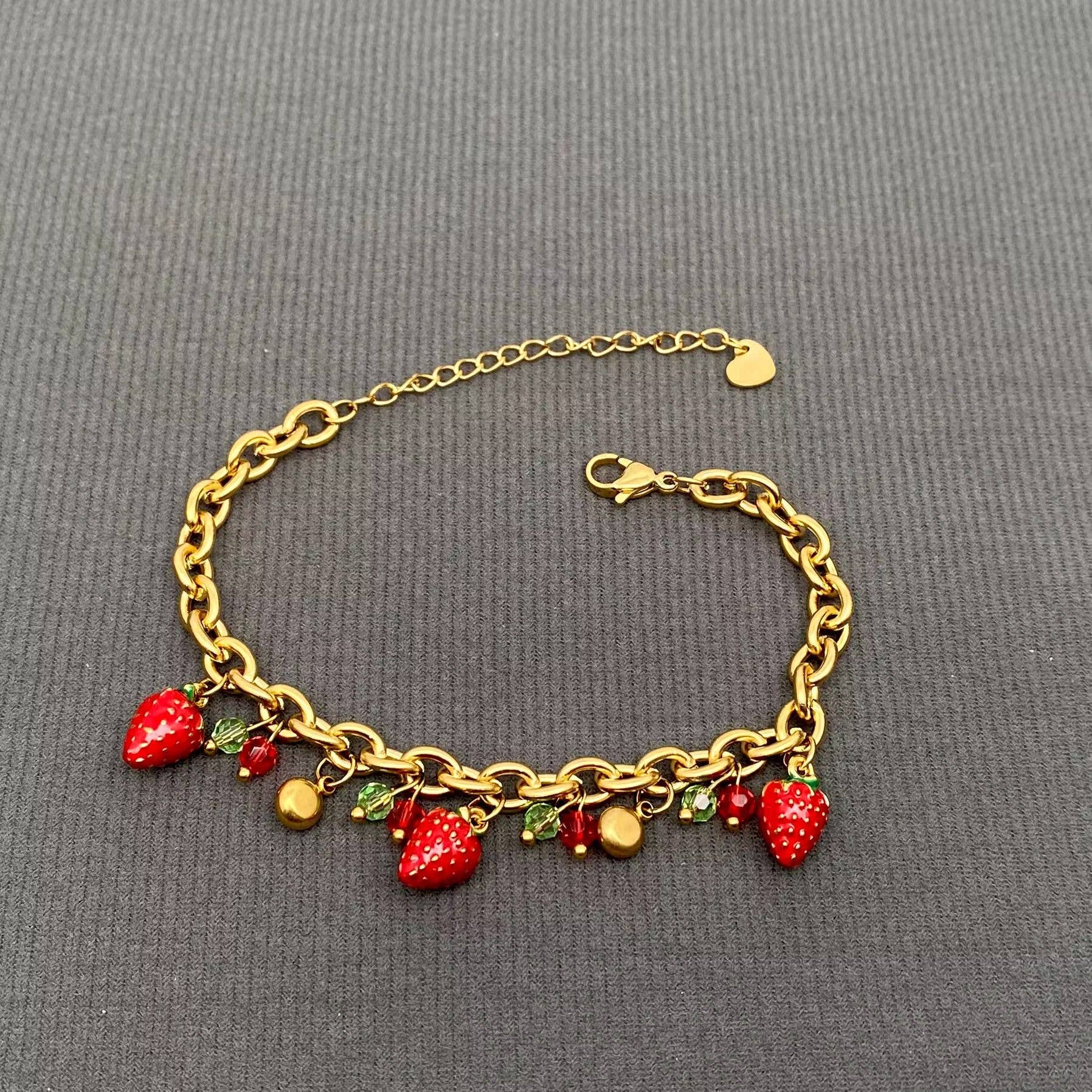 Enamel Strawberry Charm 18K Gold Plated SS Bracelet - FGS - Cozy Coven