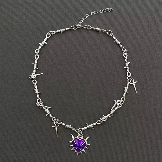Gothic Purple Thorns Heart Dagger Charm Necklace - GT - Cozy Coven