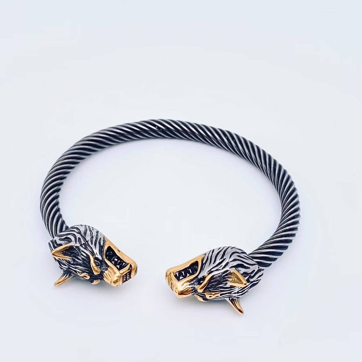 Viking Double Wolf Head Men's Stainless Steel Bangle - MJ/BC