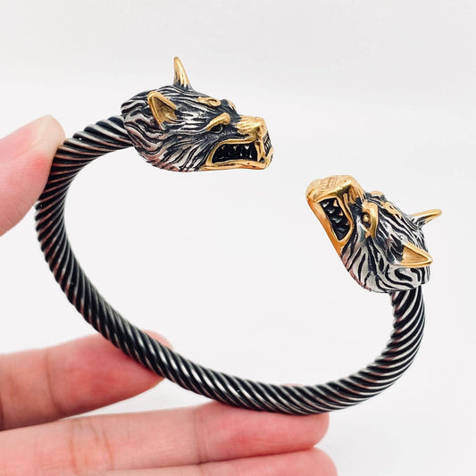 Viking Double Wolf Head Men's Stainless Steel Bangle - MJ/BC