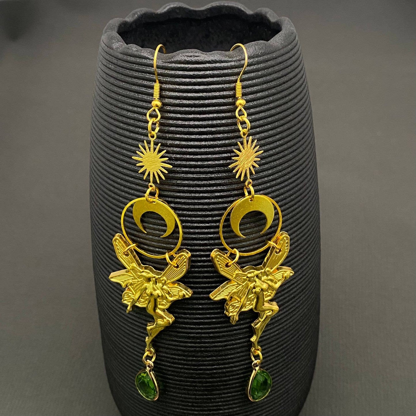 Green Crystal Fairy & Moon Charm Gold Plated Earrings