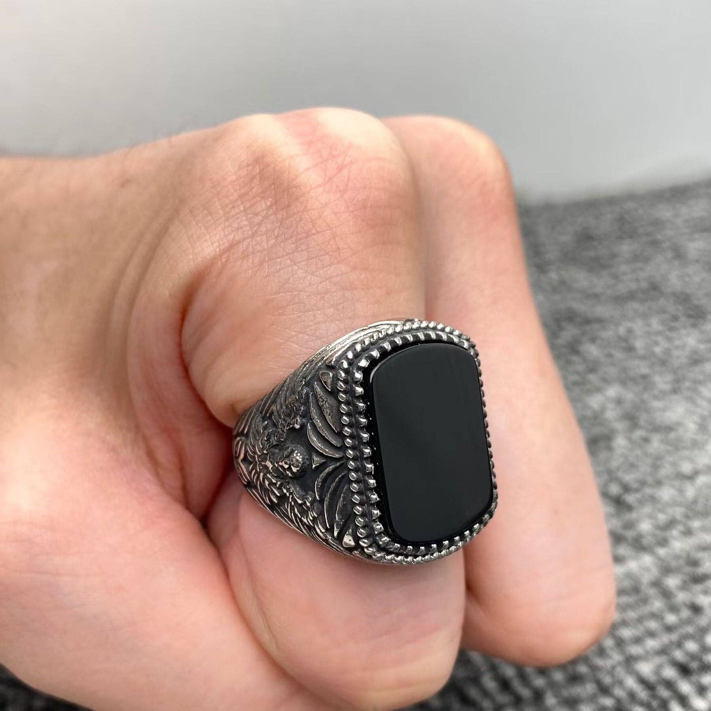 Inlaid Black Agate Stainless Steel Carved Ring - MJ/MR
