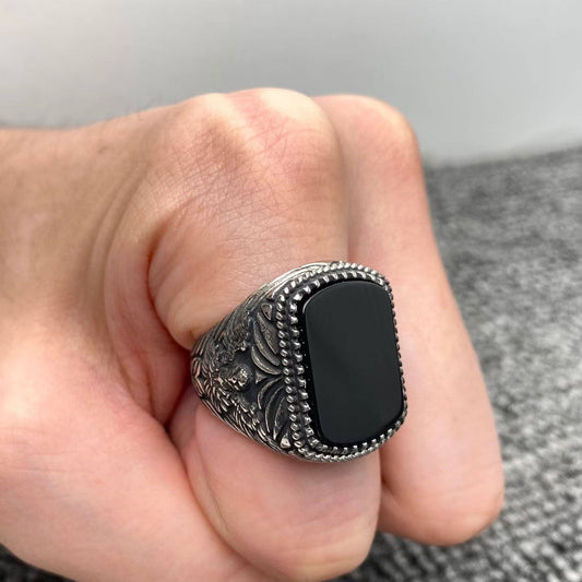 Inlaid Black Agate Stainless Steel Carved Ring - MJ/MR