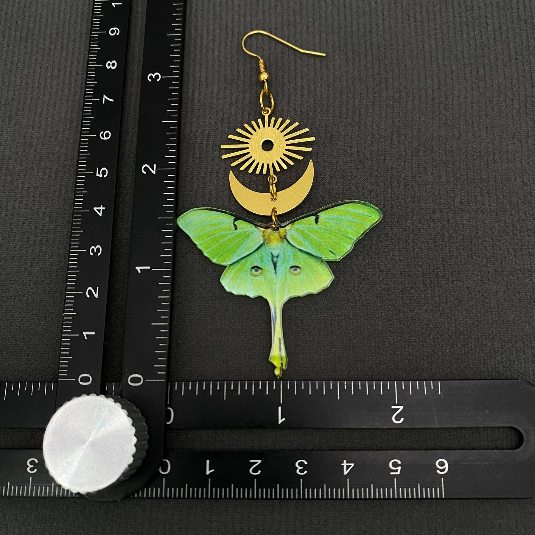 Acrylic Green Moth Gold Plated Moon Sun Dangle Earrings - MS - Cozy Coven