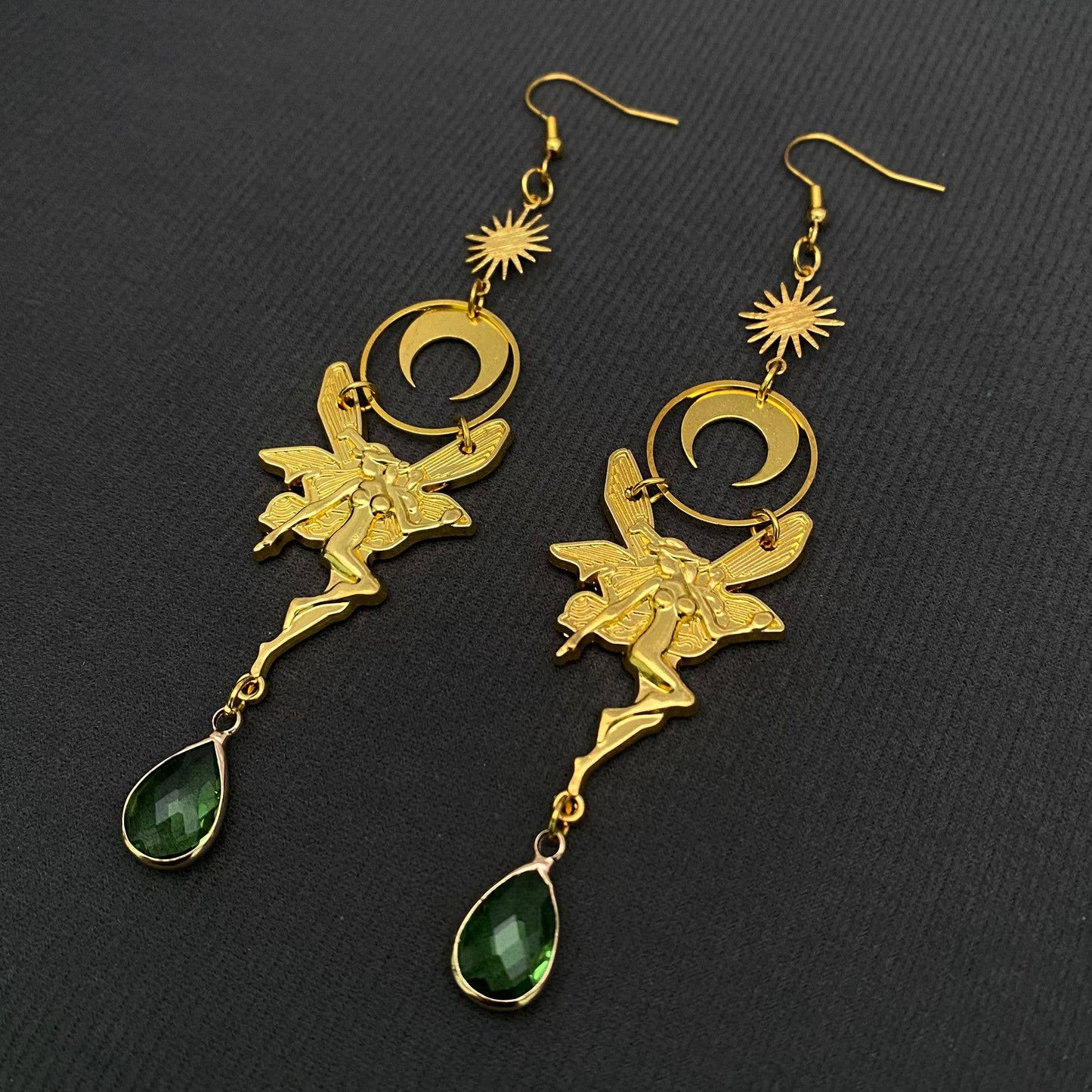 Green Crystal Fairy & Moon Charm Gold Plated Earrings