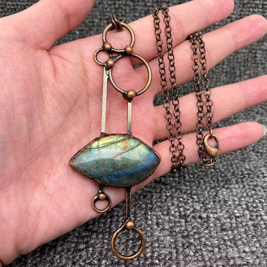 Vintage Labradorite & Copper Geometric Pendant Necklace - Cozy Coven