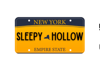 Novelty license plate with 'Sleepy Hollow' and 'New York Empire State' text on a yellow background