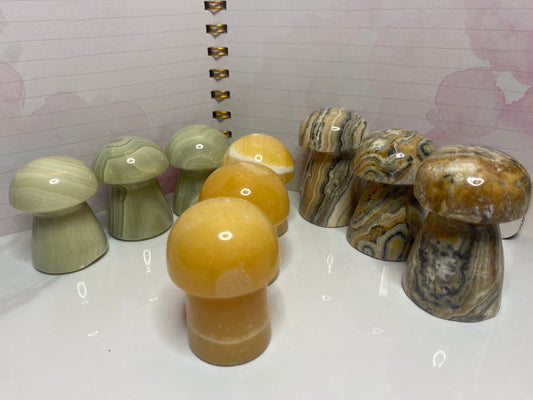 Mixed  Mushrooms 🍄- Orange Calcite, Pistachio Calcite, Bumblebee Jasper