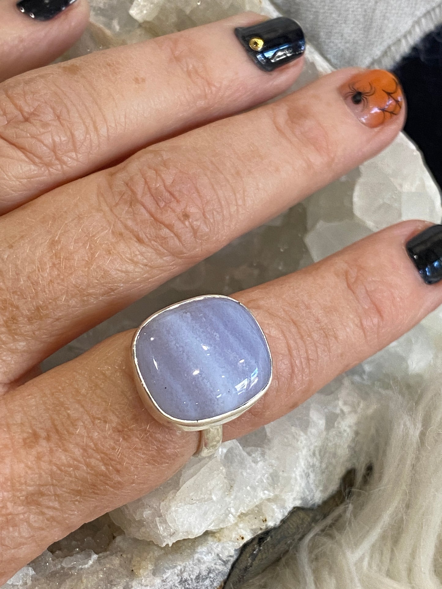 Blue Lace Agate 925 Sterling Silver Ring /Boho Style (size 8) pear cut stone