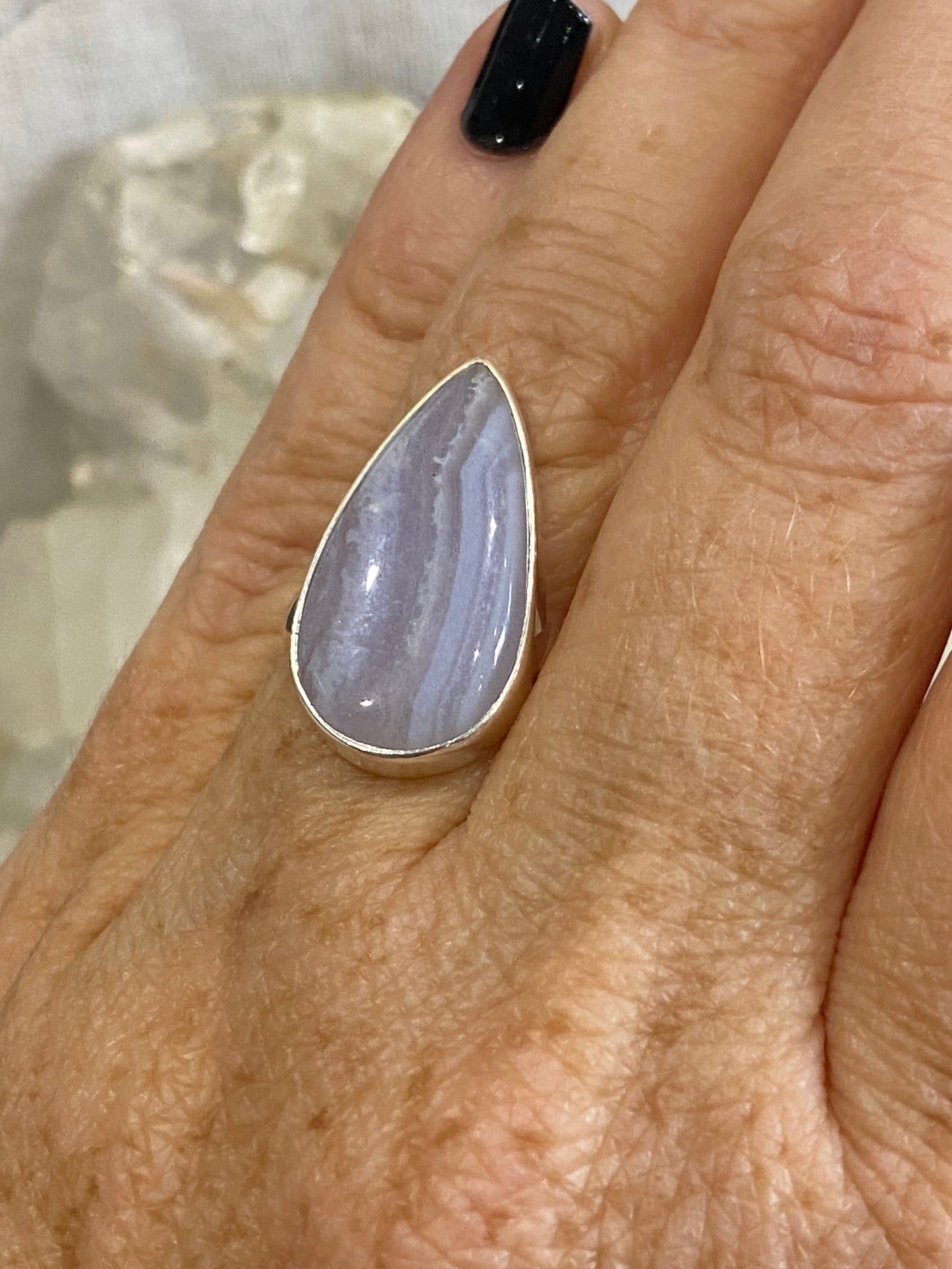 Blue Lace Agate 925 Sterling Silver Ring /Boho Style (size 8) pear cut stone