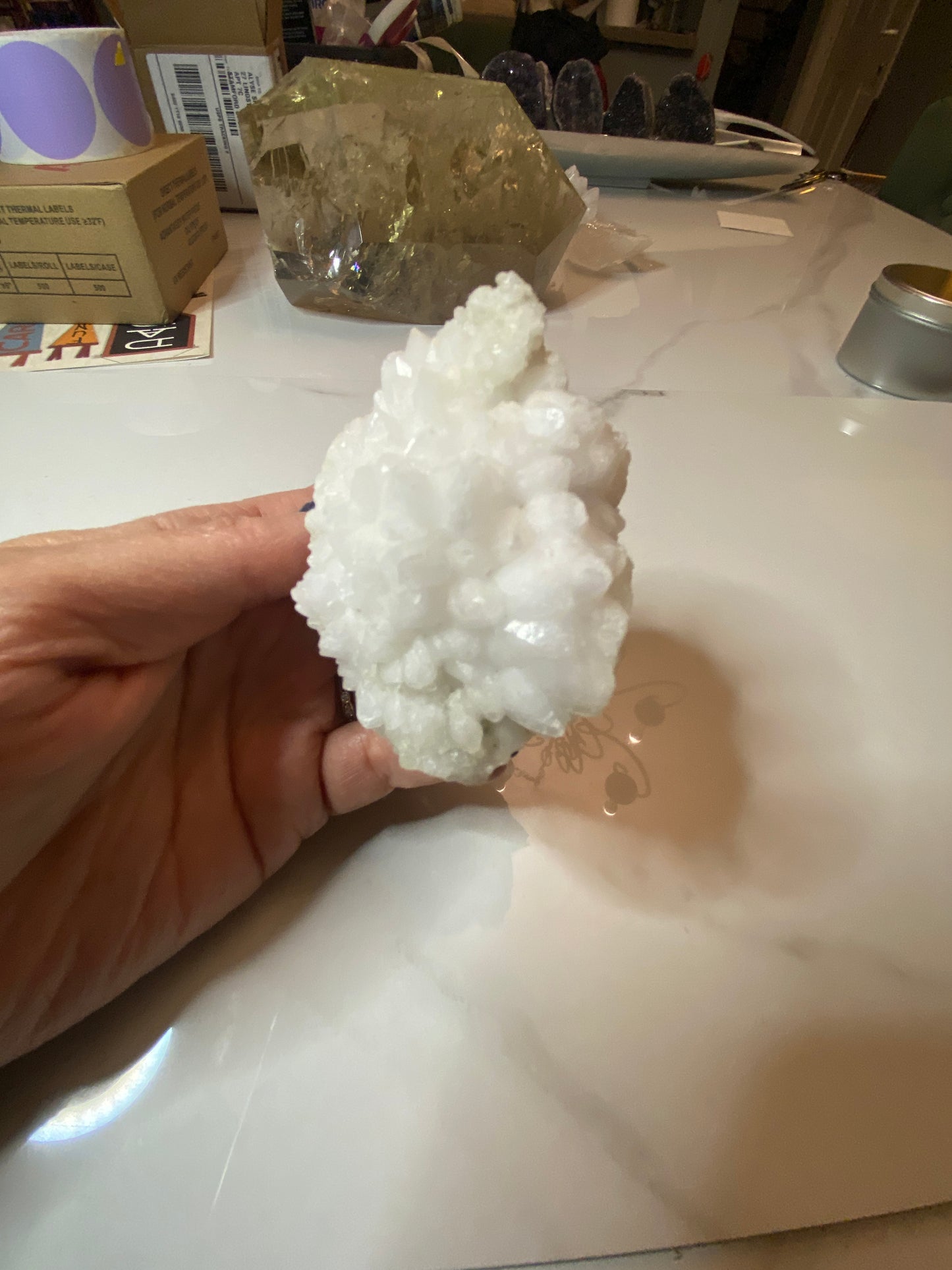 Moroccan Quartz Crystal Geode Cluster | Sugar Quartz | Healing Crystals Energy Stones | Rocks and Minerals | Mineral Specimen - Snow White